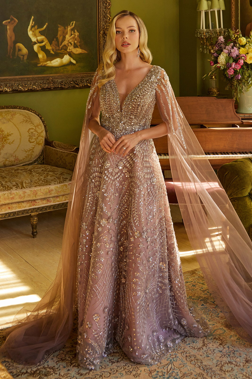 Beaded Cape Sleeve A-line Gown by GLS Gloria GL3607 L / Mauve Beaded Cape Sleeve A-line Gown by GLS Gloria GL3607 L / Mauve