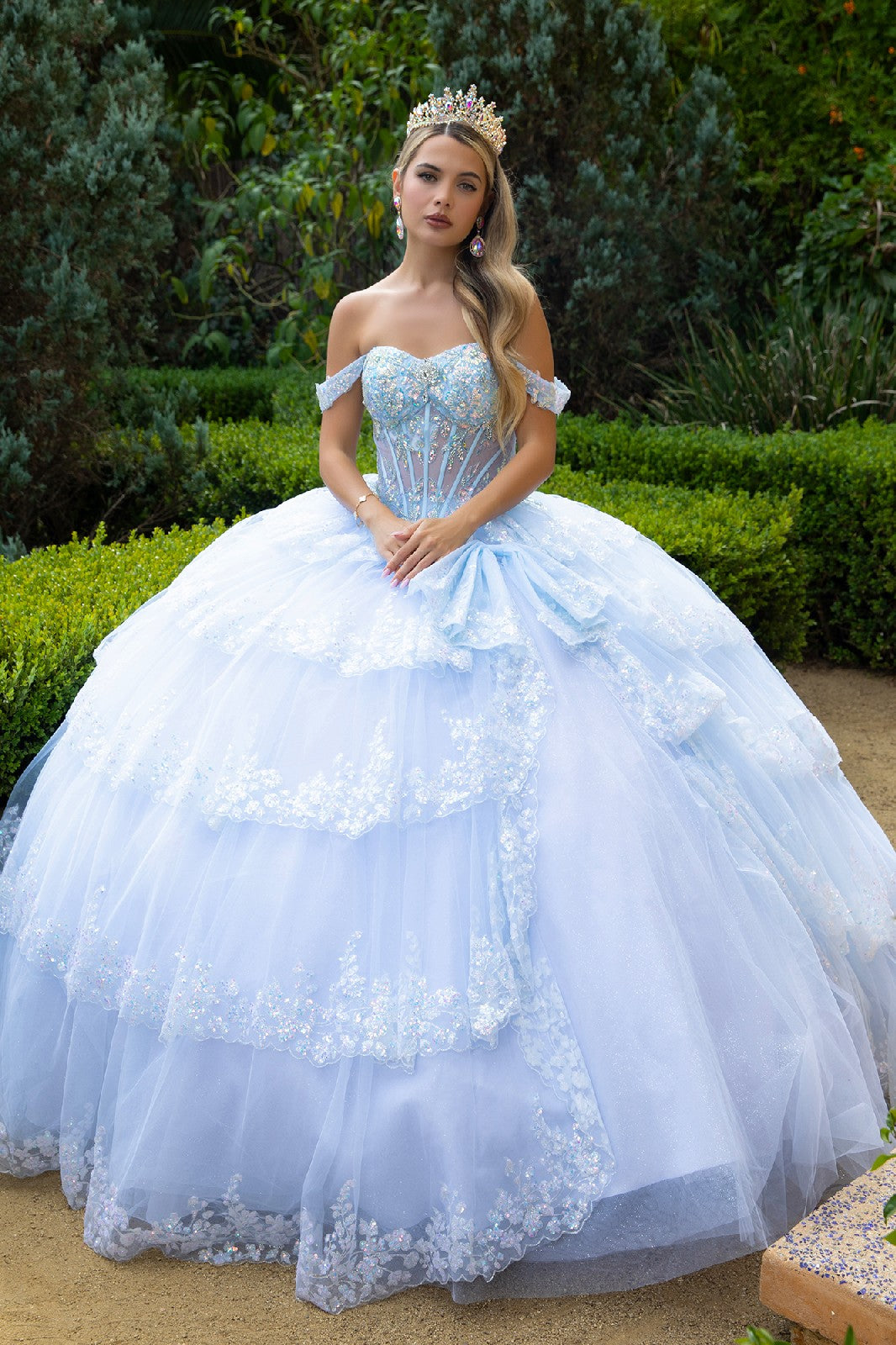 Off Shoulder Tiered Ball Gown by GLS Gloria GL3612 L / Light Blue Off Shoulder Tiered Ball Gown by GLS Gloria GL3612 L / Light Blue