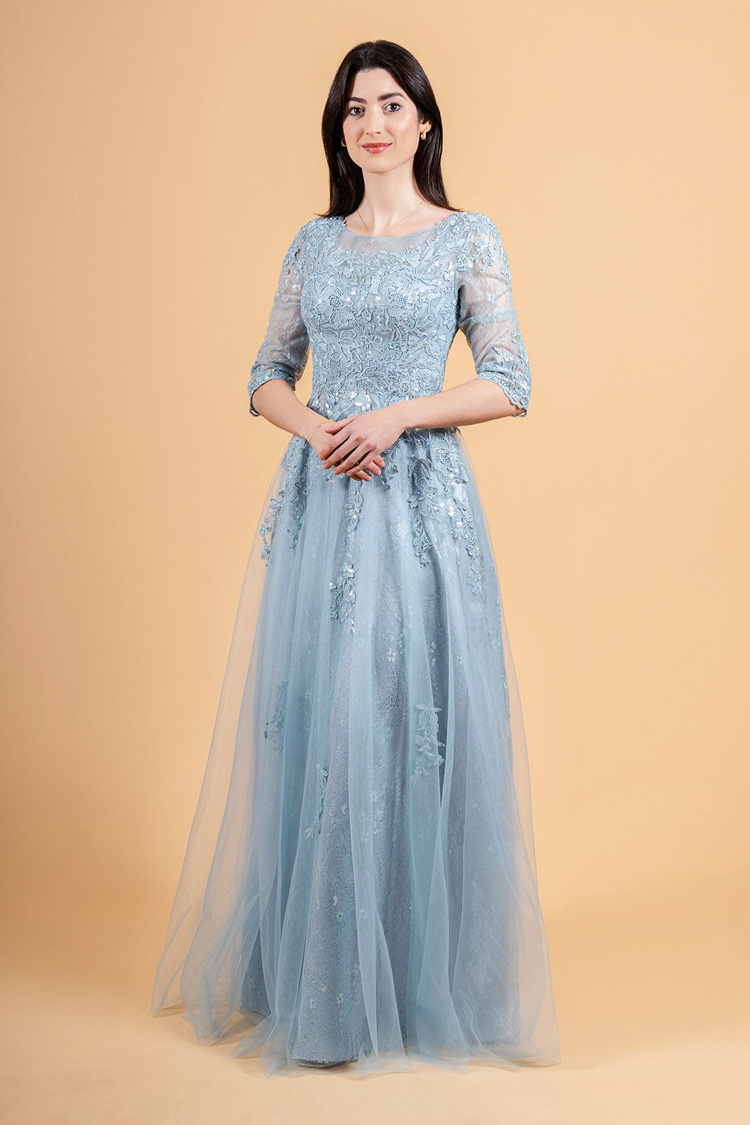Lace 3/4 Sleeve Mother of The Bride Dress by Elizabeth K GL3629 Smoky Blue / L Lace 3/4 Sleeve Mother of The Bride Dress by Elizabeth K GL3629 Smoky Blue / L