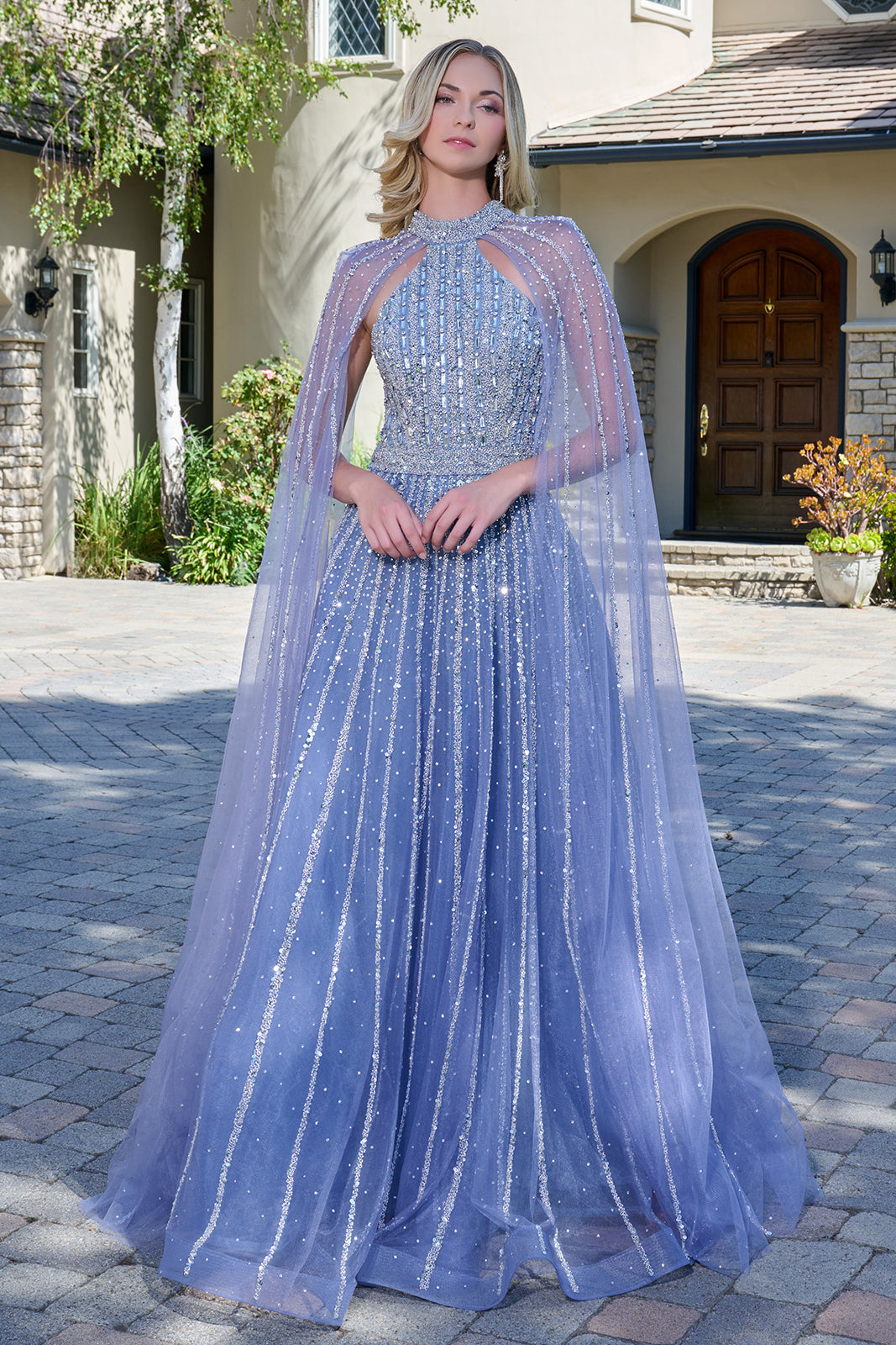 Beaded Cape Sleeve Gown by Elizabeth K GL3669 XL / Dusty Blue Beaded Cape Sleeve Gown by Elizabeth K GL3669 XL / Dusty Blue