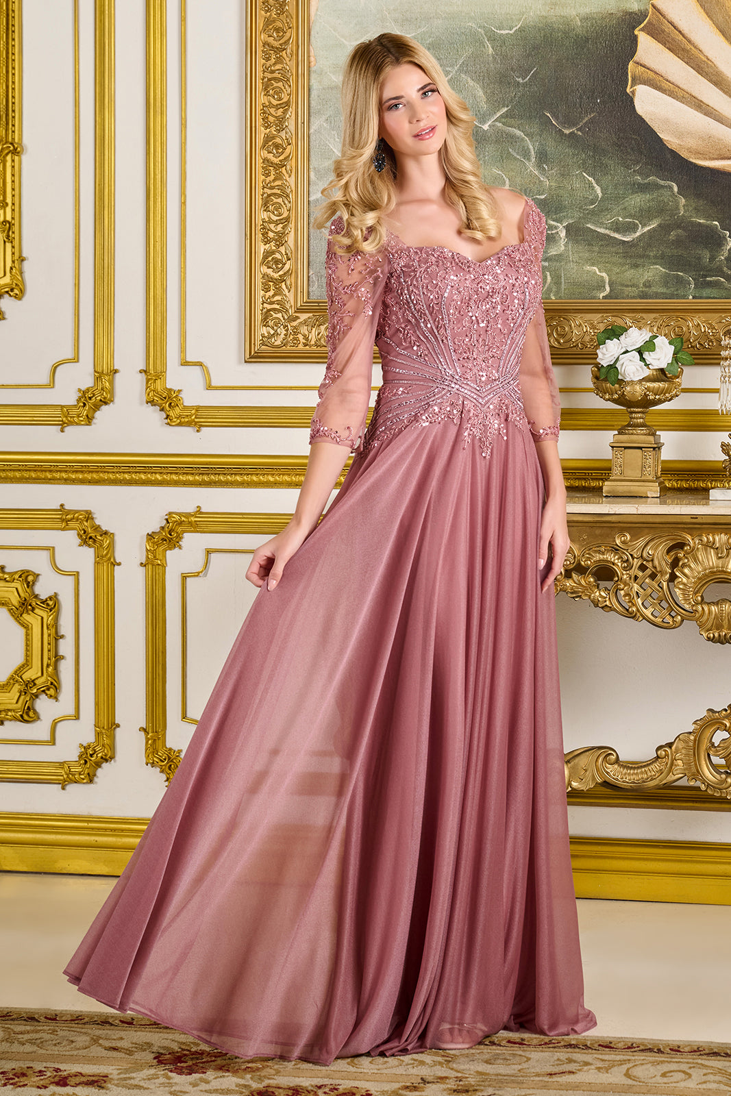 Beaded 3/4 Sleeve A-line Gown by GLS Gloria GL3787 L / Dusty Rose