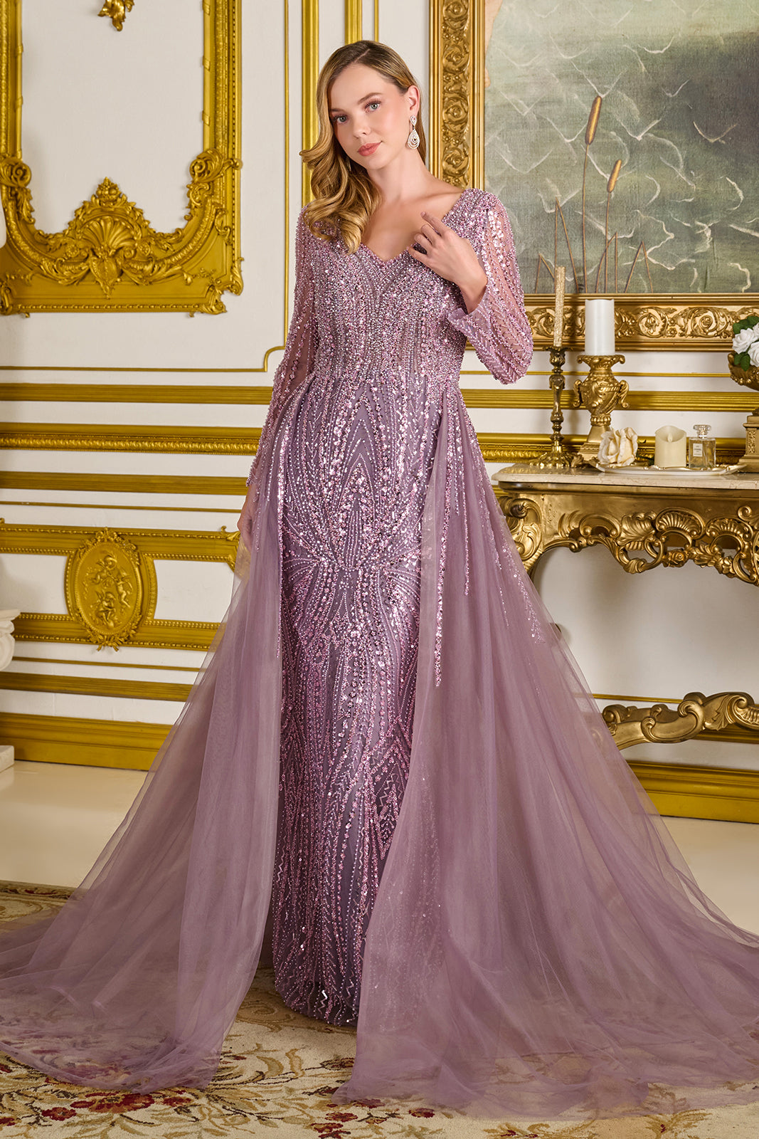Long Sleeve Overskirt Gown by GLS Gloria GL3832 3XL / Mauve Long Sleeve Overskirt Gown by GLS Gloria GL3832 3XL / Mauve