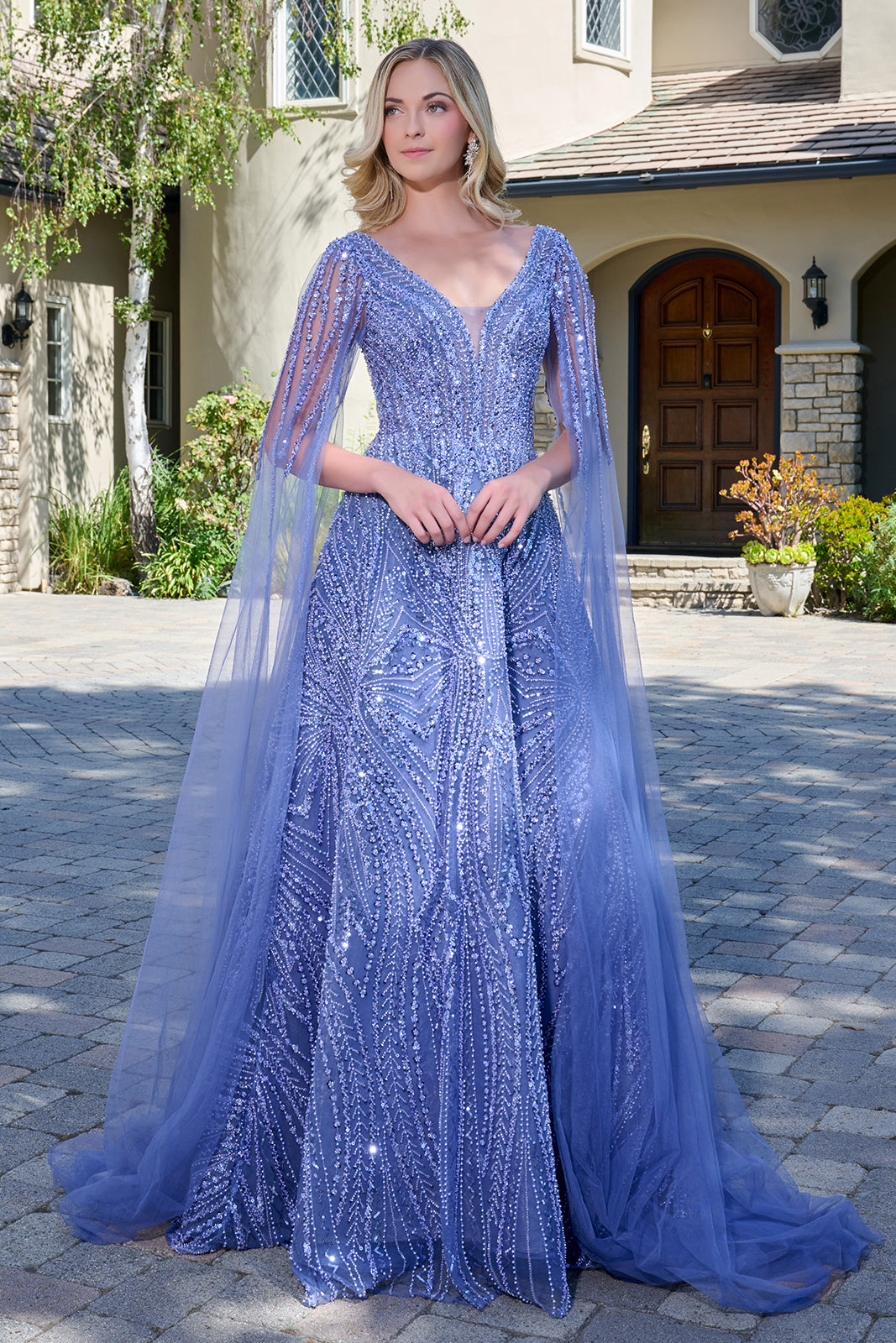 Cape Sleeve A-line Gown by GLS Gloria GL3833 2XL / Smoky Blue