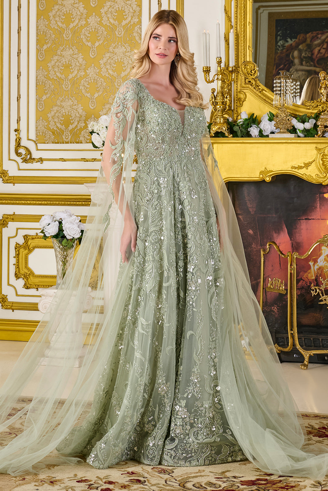 Beaded Cape Sleeve A-line Gown by GLS Gloria GL3838 Beaded Cape Sleeve A-line Gown by GLS Gloria GL3838