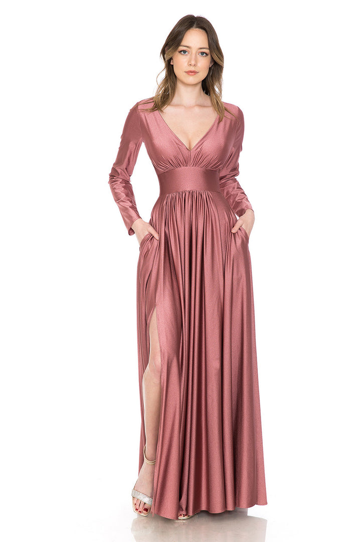 Long Sleeve A-line Slit Gown by Lenovia 5231