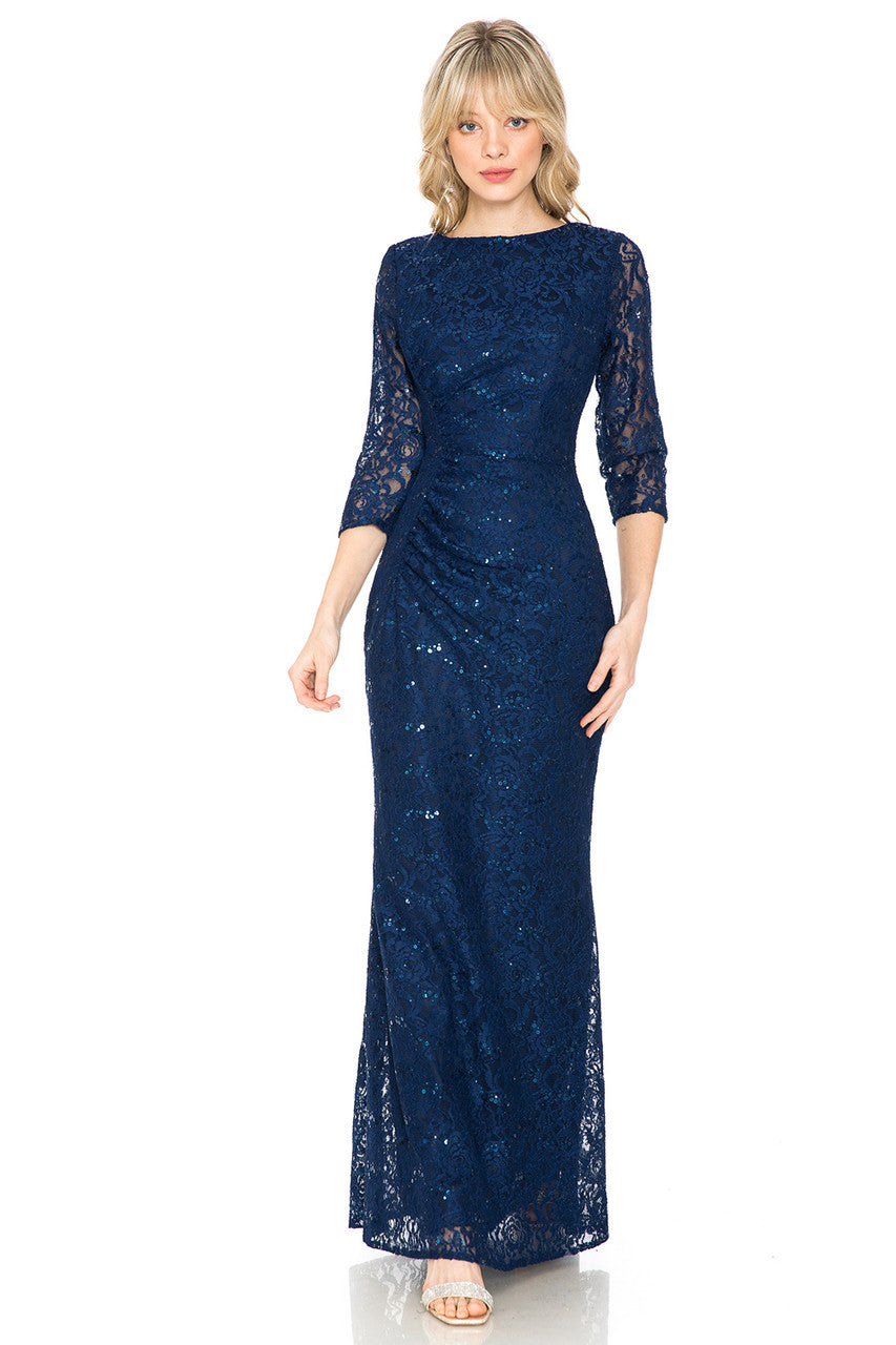 Sequin Lace Fitted 3/4 Sleeve Gown by Lenovia 5239
