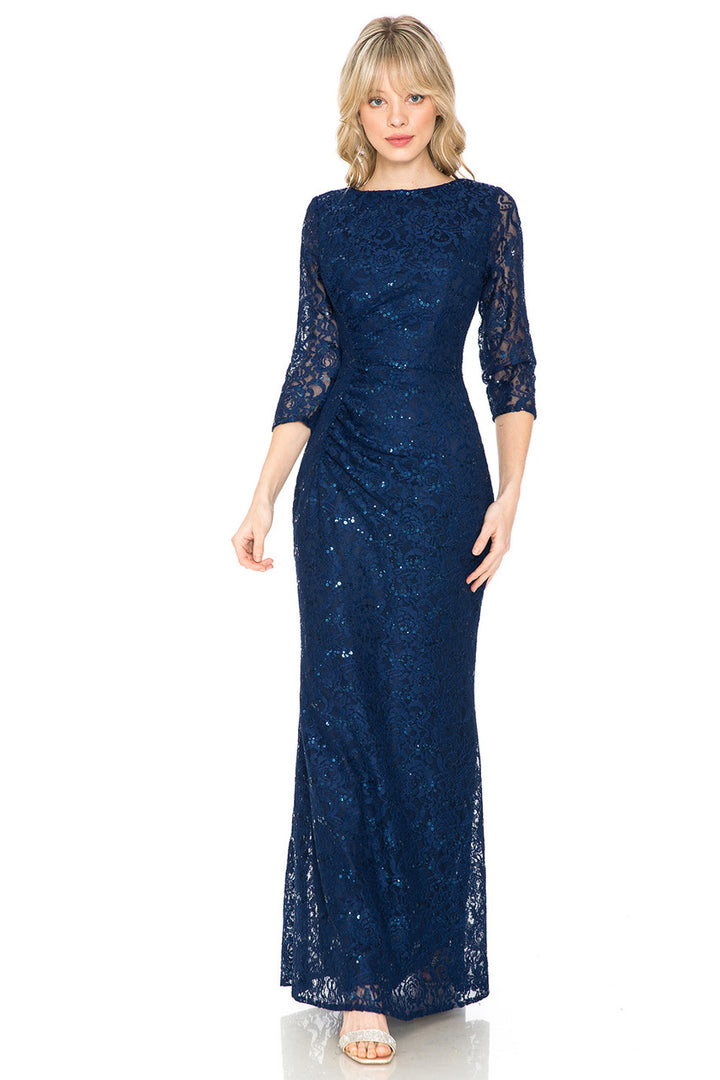 Sequin Lace Fitted 3/4 Sleeve Gown by Lenovia 5239