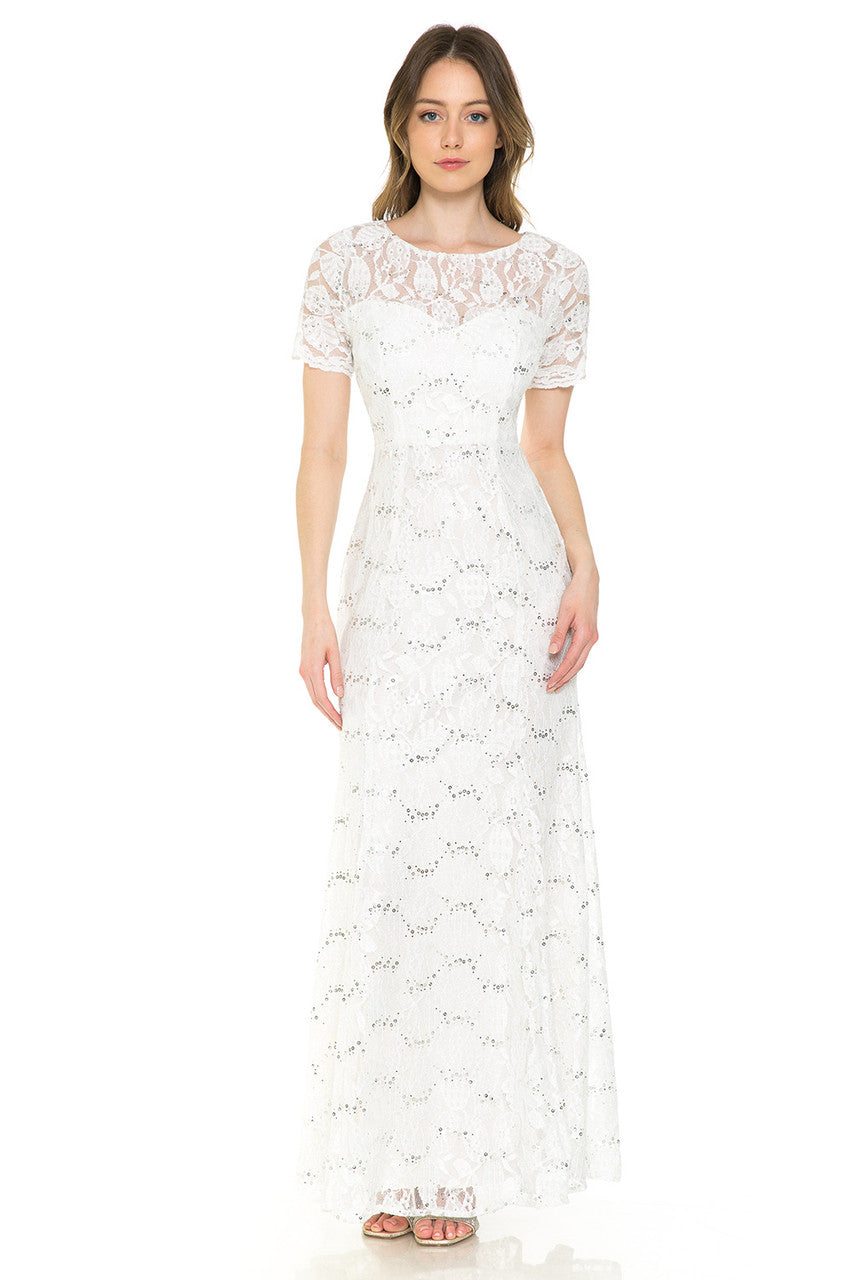 Sequin Lace Fitted Short Sleeve Gown by Lenovia 5241