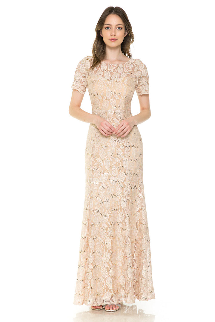 Sequin Lace Fitted Short Sleeve Gown by Lenovia 5241