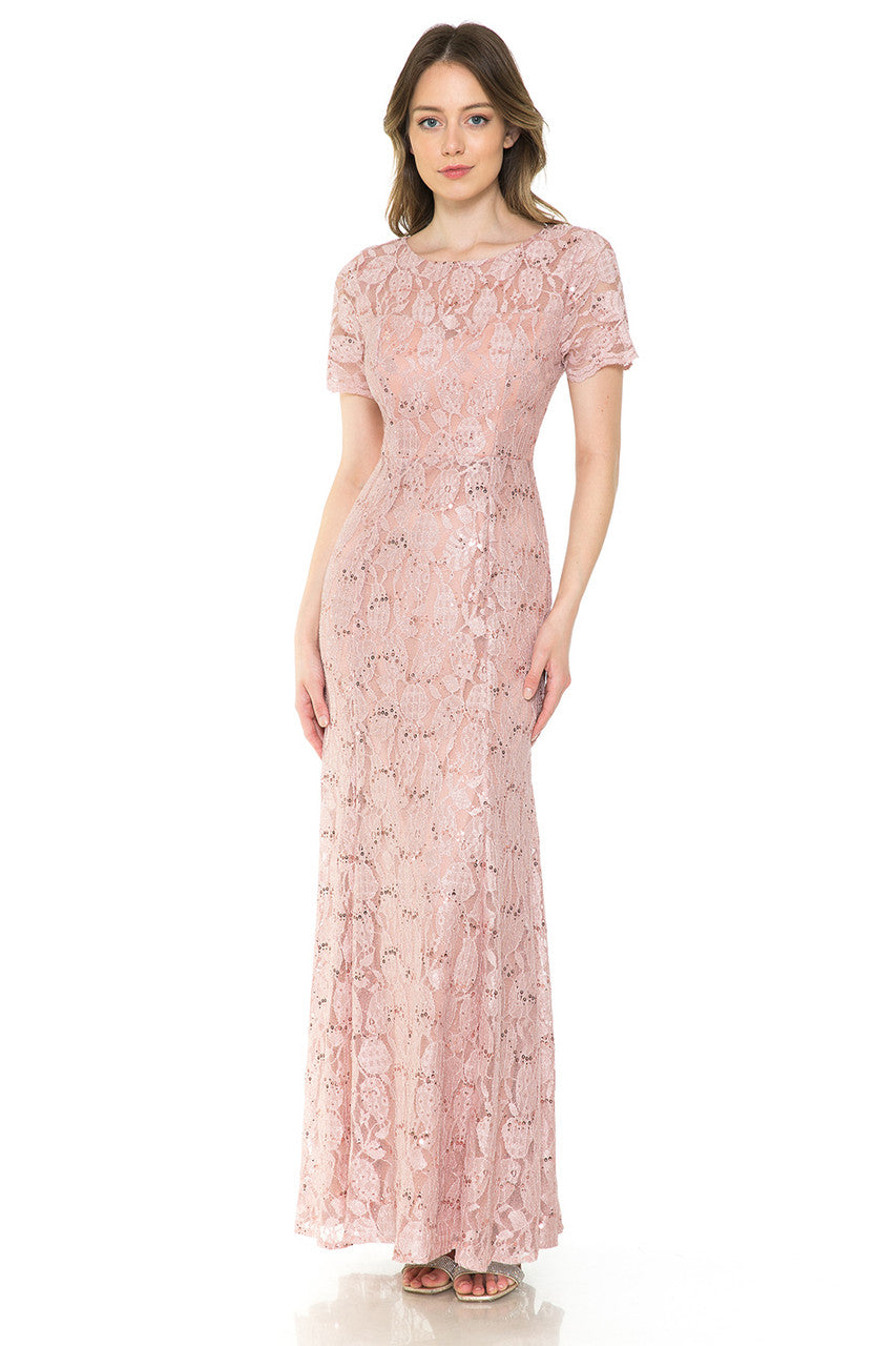 Sequin Lace Fitted Short Sleeve Gown by Lenovia 5241