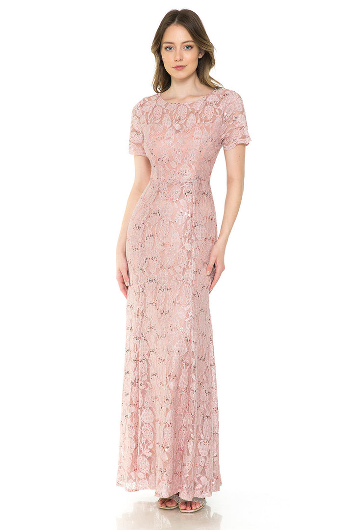 Sequin Lace Fitted Short Sleeve Gown by Lenovia 5241