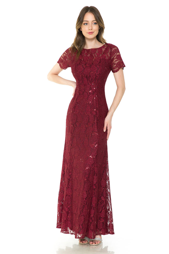 Sequin Lace Fitted Short Sleeve Gown by Lenovia 5241
