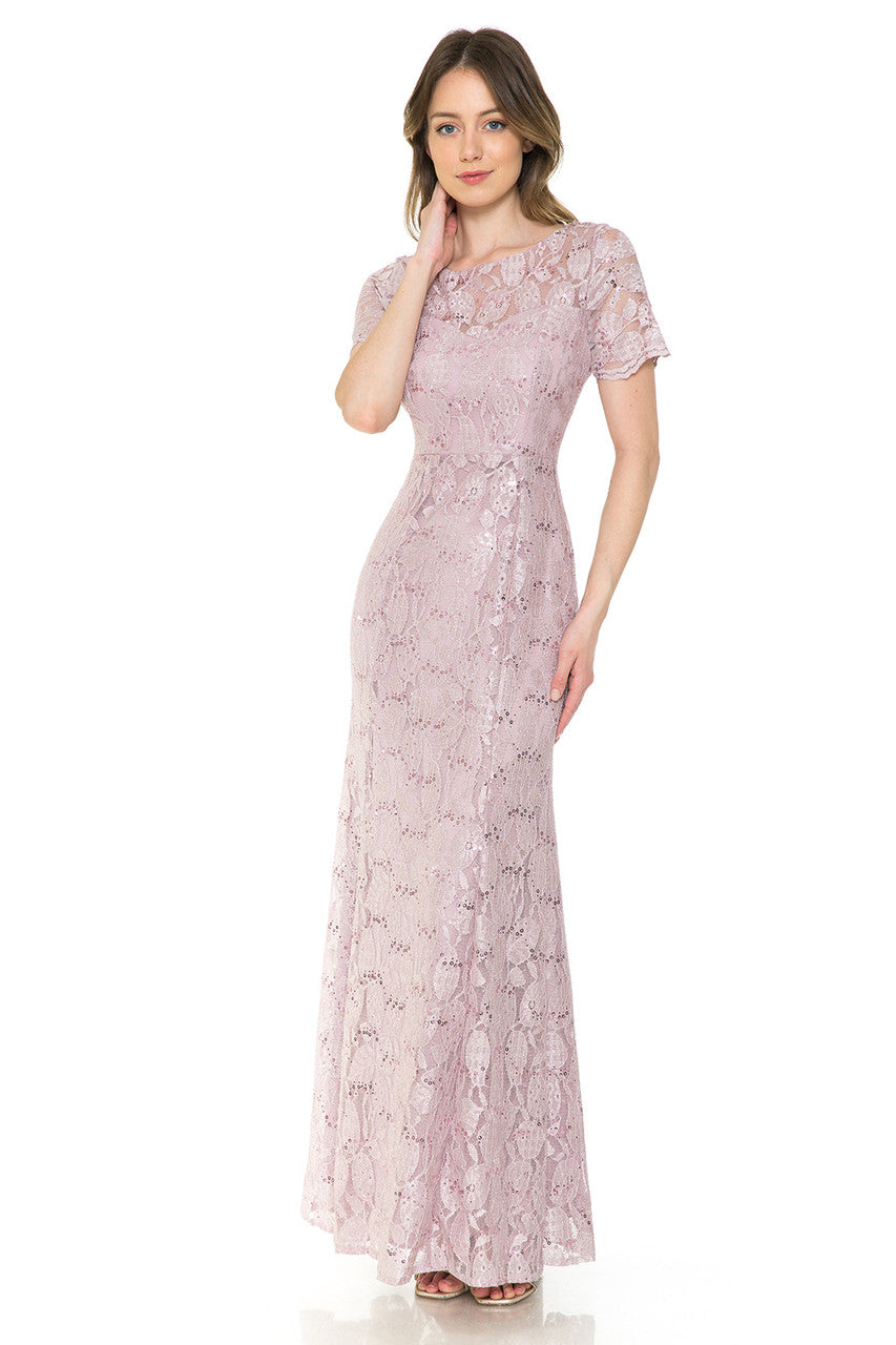 Sequin Lace Fitted Short Sleeve Gown by Lenovia 5241