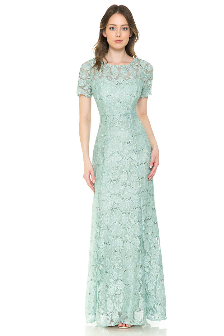 Sequin Lace Fitted Short Sleeve Gown by Lenovia 5241