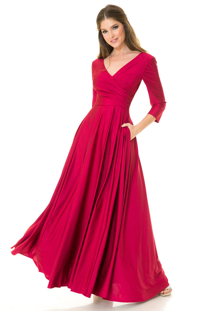 3/4 Sleeve V-Neck A-line Gown by Lenovia 5243