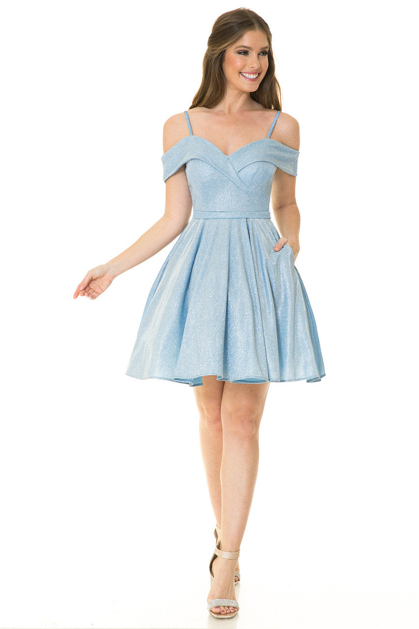 metallic cold shoulder dress Short Metallic Cold Shoulder A-Line Dress 5228 by Lenovia Powder Blue / M