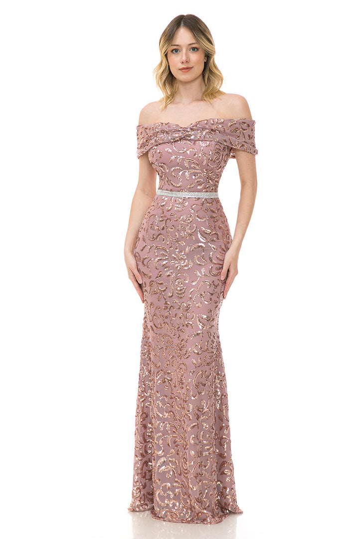 Sequin Print Fitted Off Shoulder Gown by Lenovia 5210