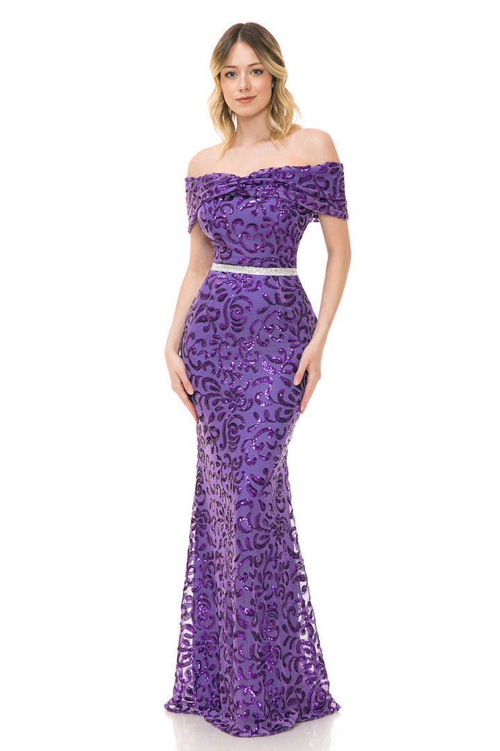 Sequin Print Fitted Off Shoulder Gown by Lenovia 5210