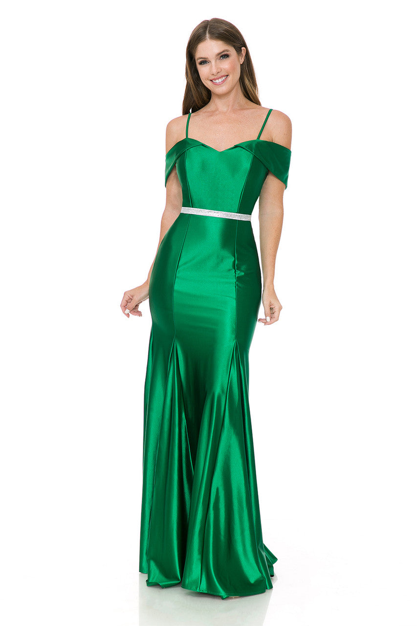 Cold Shoulder Stretch Satin Dress with Beaded Belt 5244 by Lenovia S / Green
