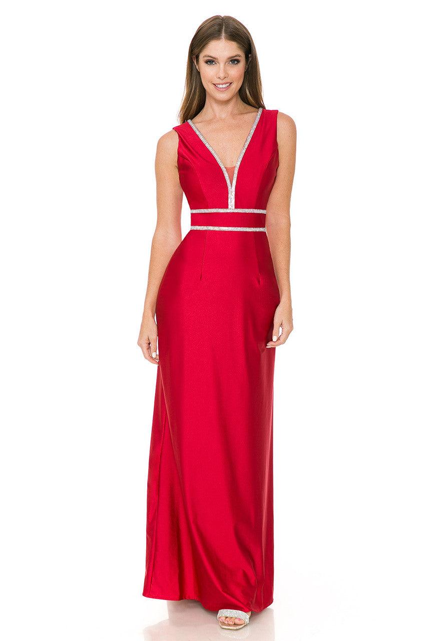 Beaded Satin Fitted Sleeveless Gown by Lenovia 5254 4XL / Red