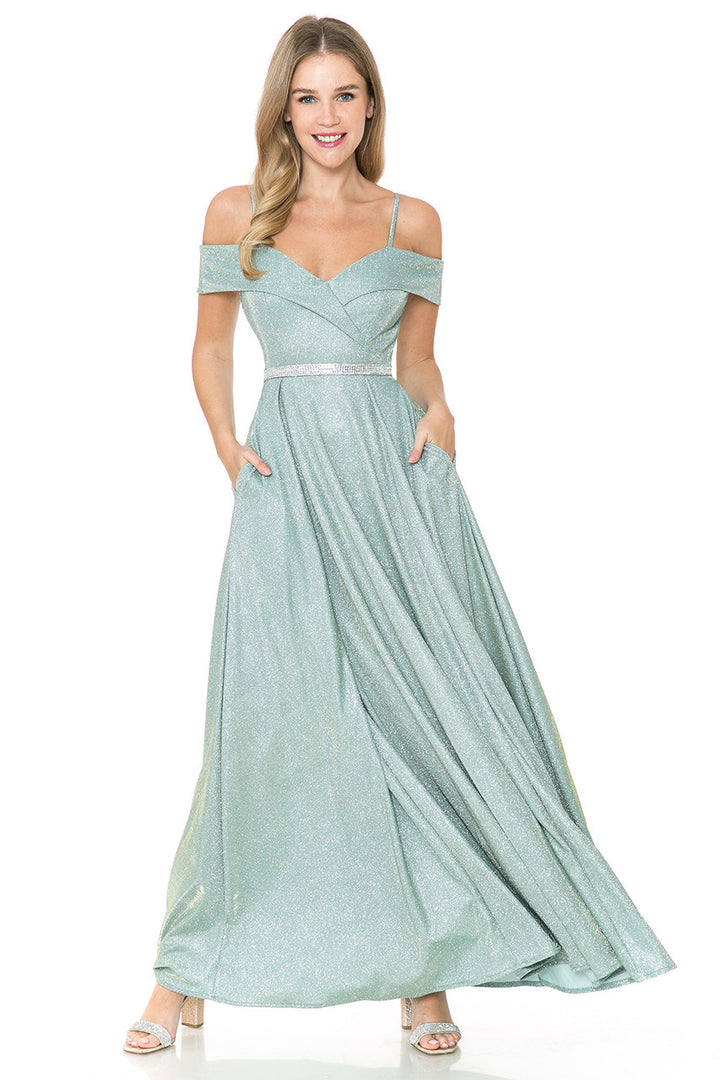 Metallic Cold Shoulder A-line Gown by Lenovia 5236