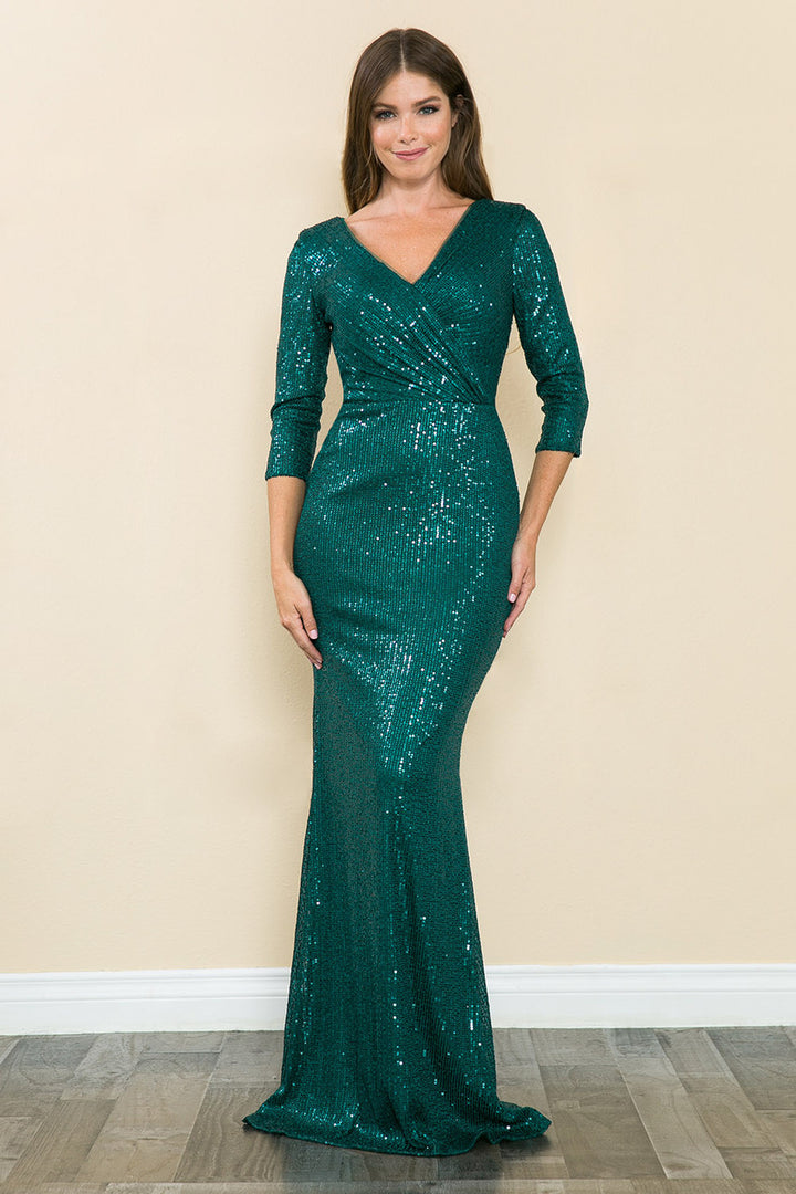 Sequin Fitted 3/4 Sleeve Gown by Lenovia 8186