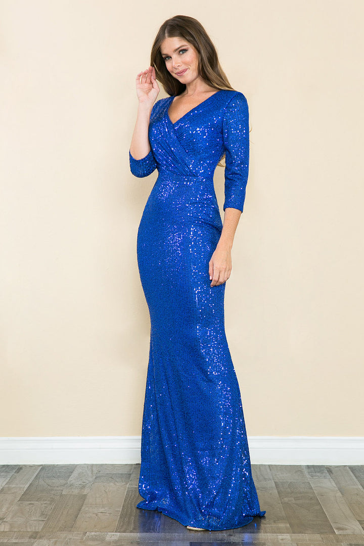 Sequin Fitted 3/4 Sleeve Gown by Lenovia 8186