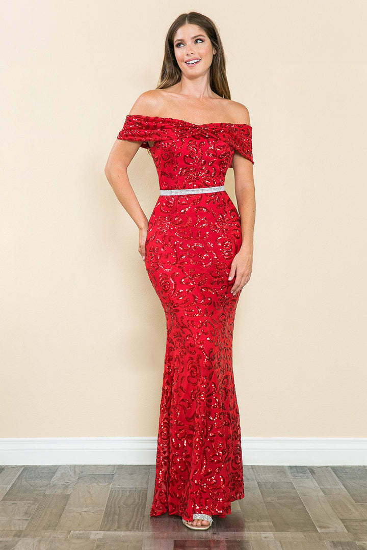 Sequin Print Fitted Off Shoulder Gown by Lenovia 5210