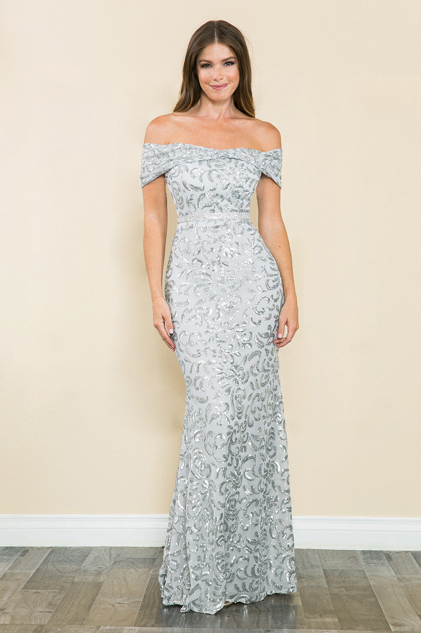 Sequin Print Fitted Off Shoulder Gown by Lenovia 5210