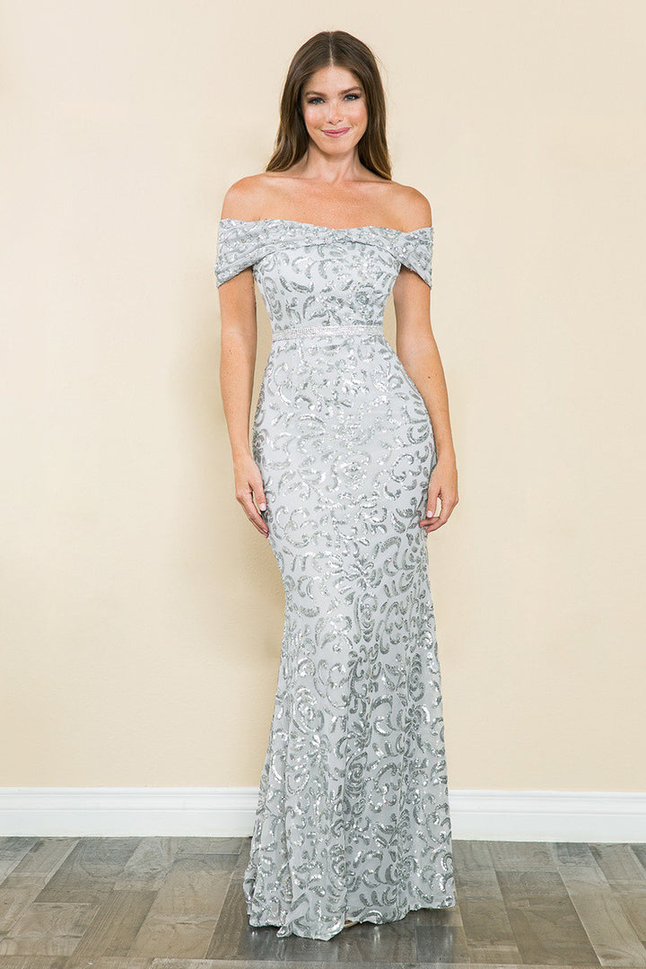 Sequin Print Fitted Off Shoulder Gown by Lenovia 5210