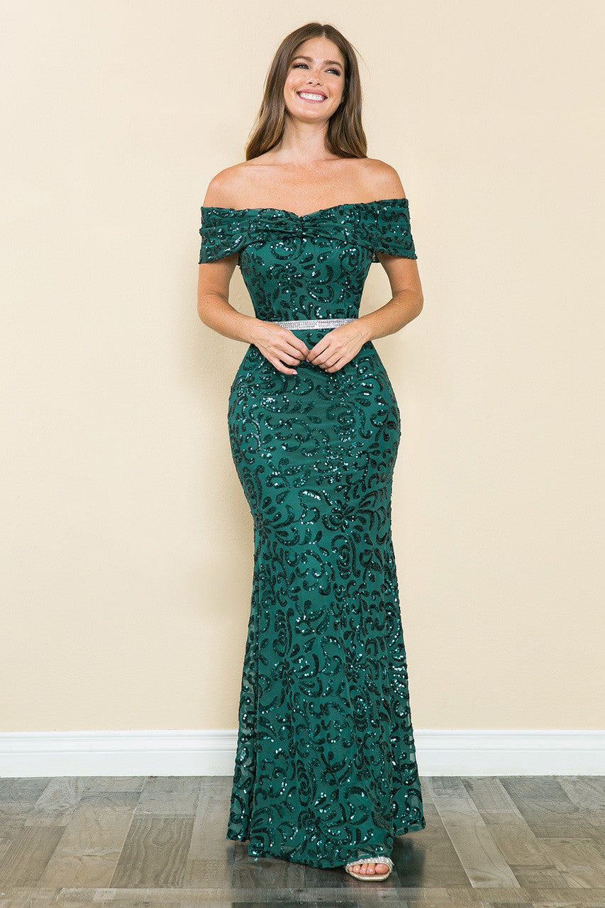 Sequin Print Fitted Off Shoulder Gown by Lenovia 5210