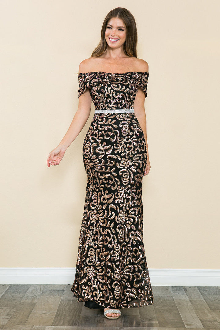 Sequin Print Fitted Off Shoulder Gown by Lenovia 5210