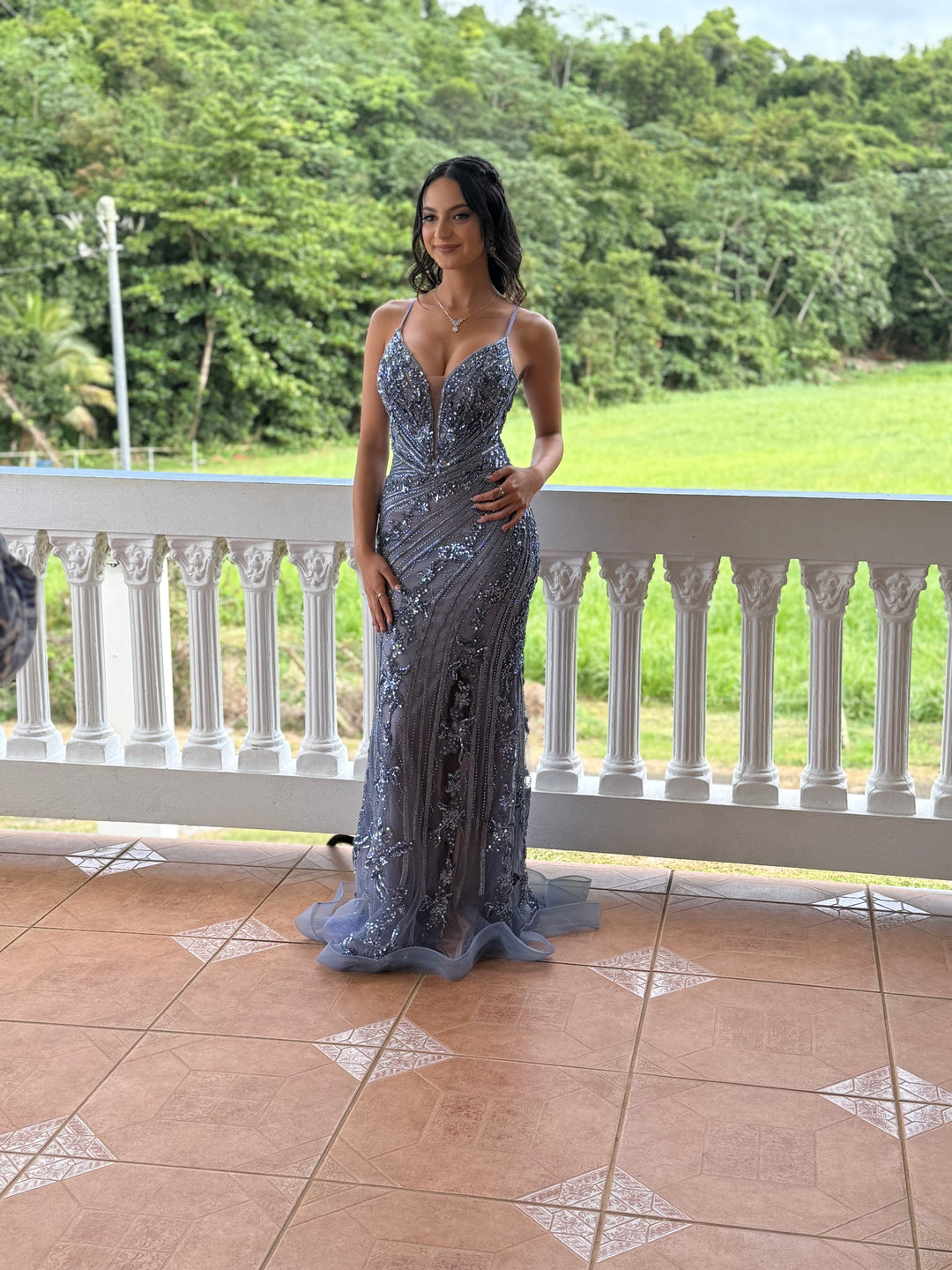 Beaded Fitted V-Neck Sheer Gown by Ladivine CC0389
