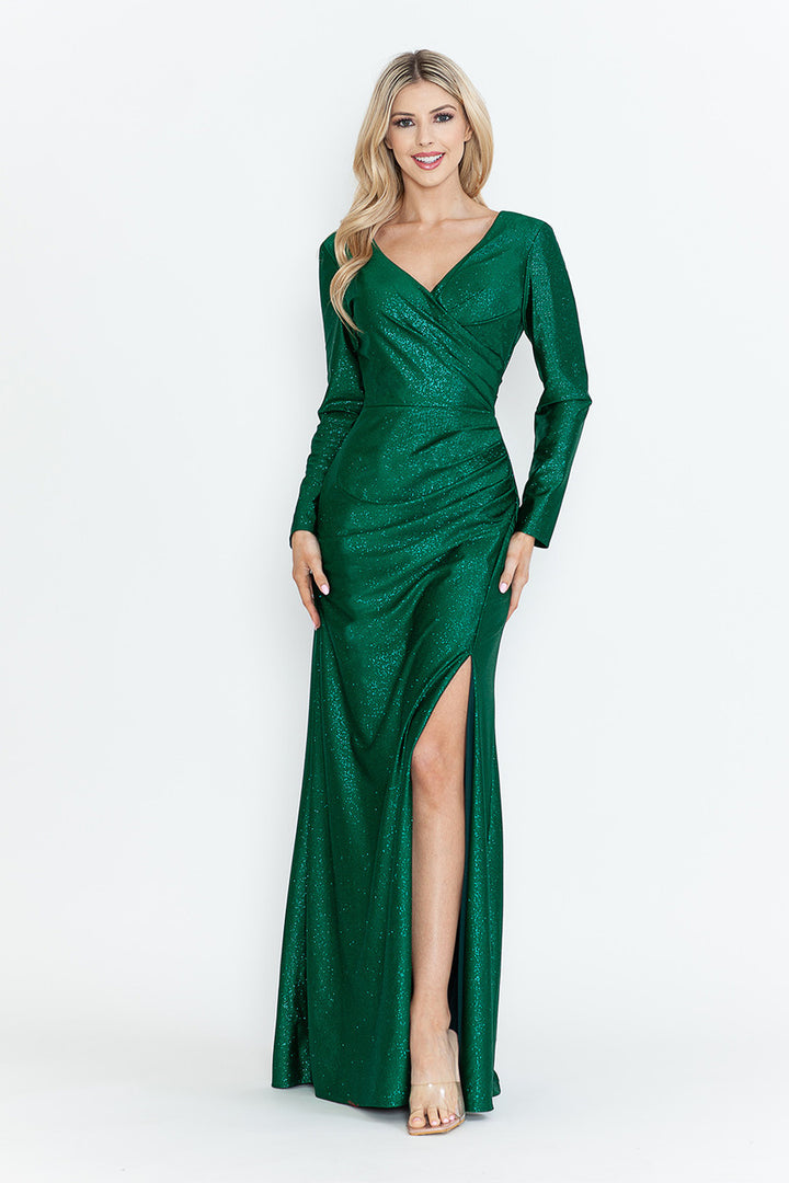Glitter Long Sleeve Slit Gown by Lenovia 5323