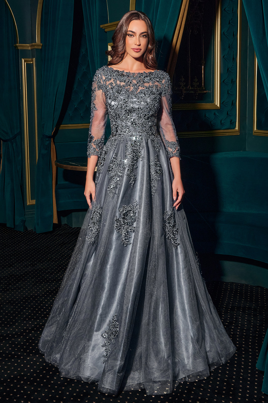Applique Tulle 3/4 Sleeve A-line Gown by Ladivine J883