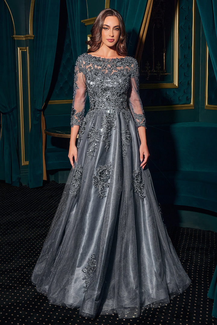 Applique Tulle 3/4 Sleeve A-line Gown by Ladivine J883