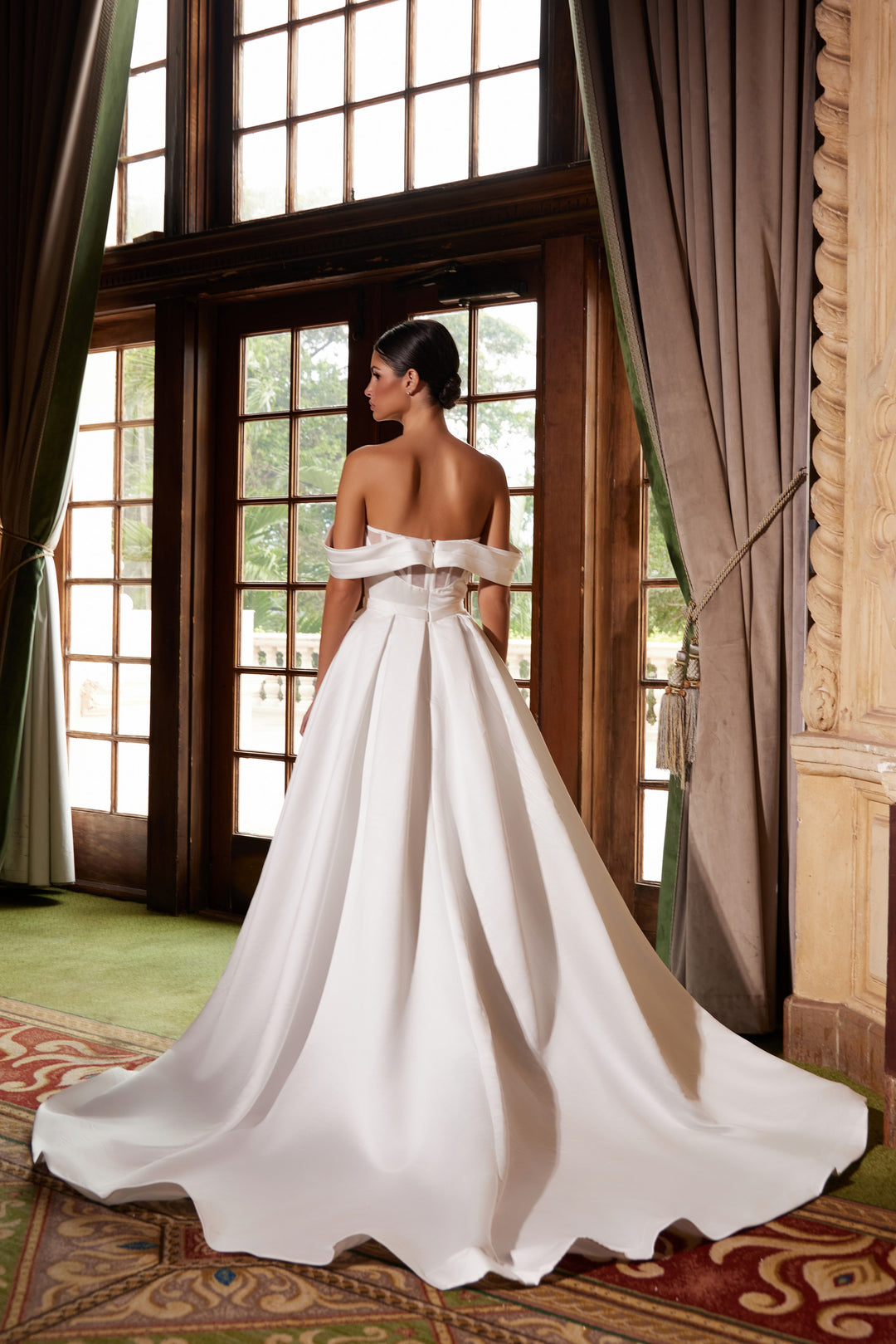 Satin Off Shoulder Slit Bridal Gown by Nox Anabel JE1016