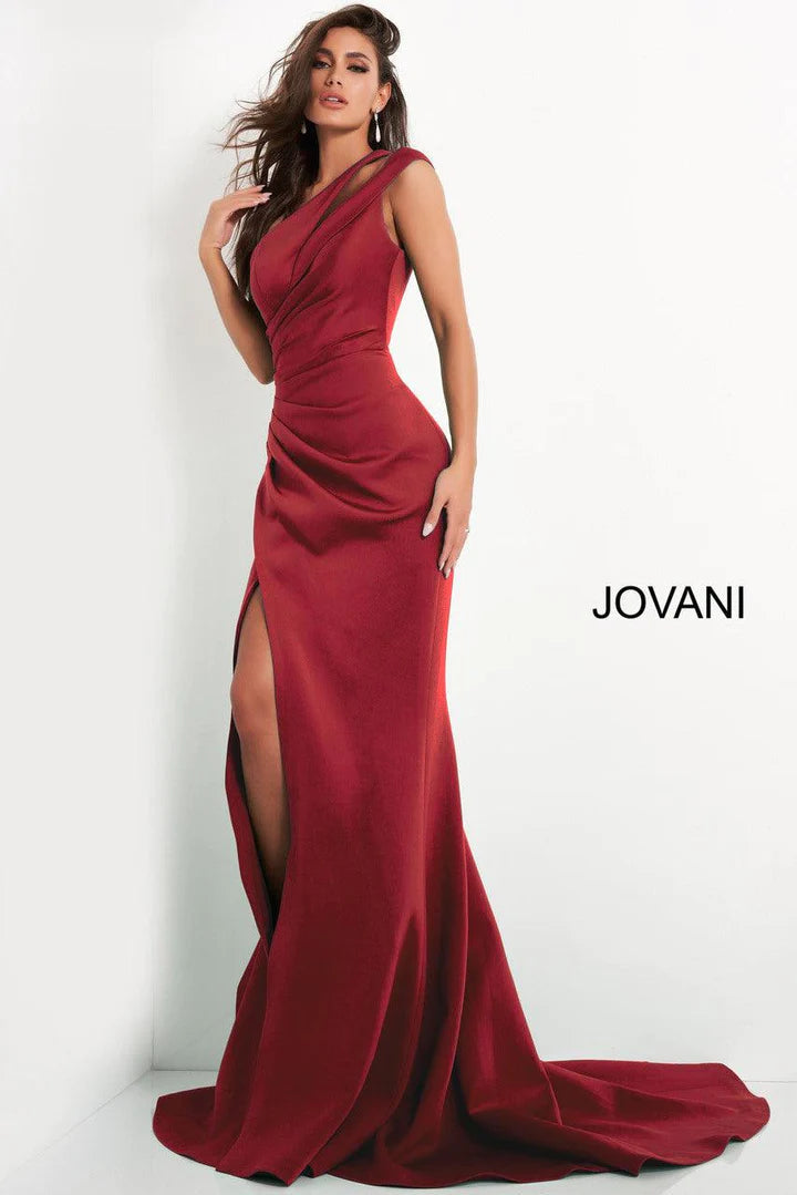 Crepe Fitted One Shoulder Slit Gown by Jovani 04222