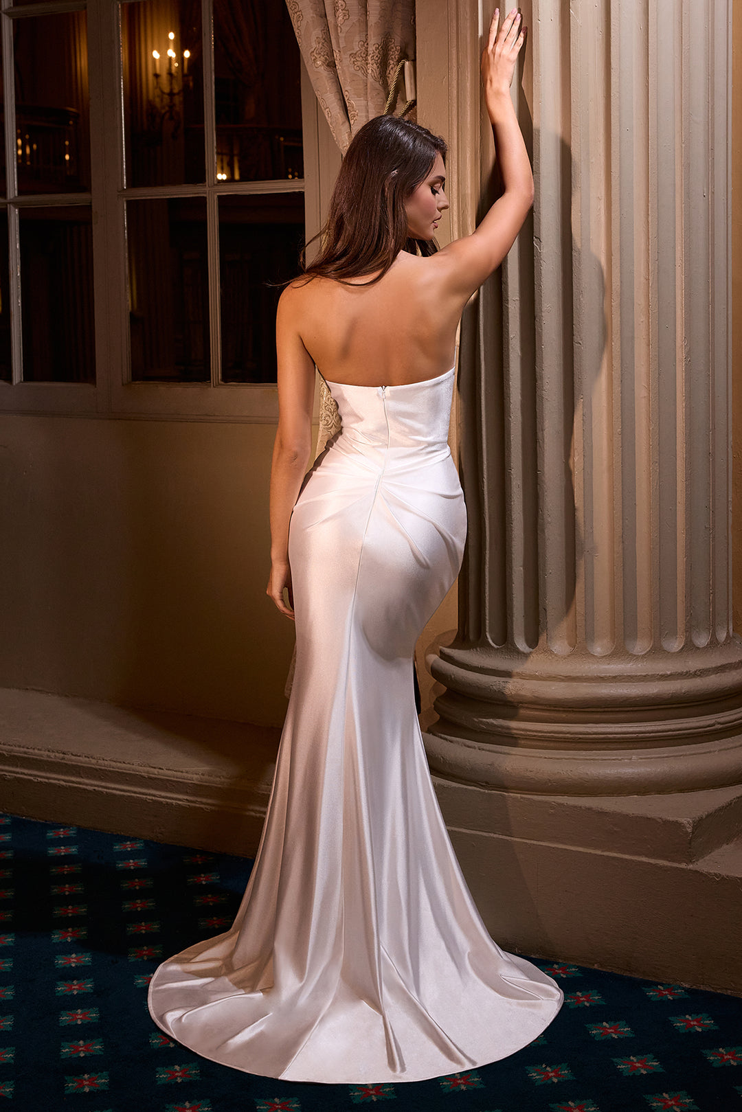 White Satin Strapless Gown by Ladivine KV1118W