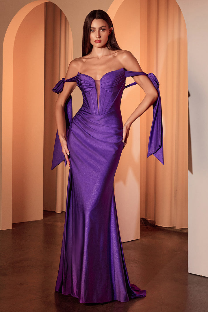 Satin Off Shoulder Slit Gown by Ladivine KV1120