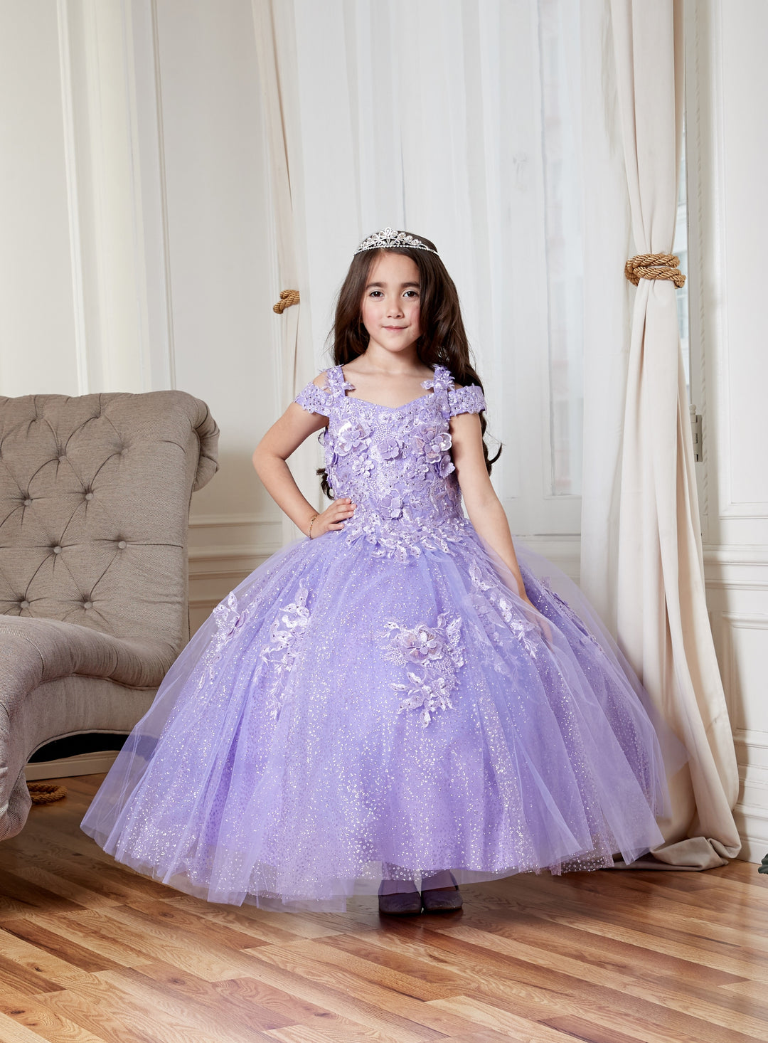 Girls 3D Floral Off Shoulder Glitter Gown by Calla KY234