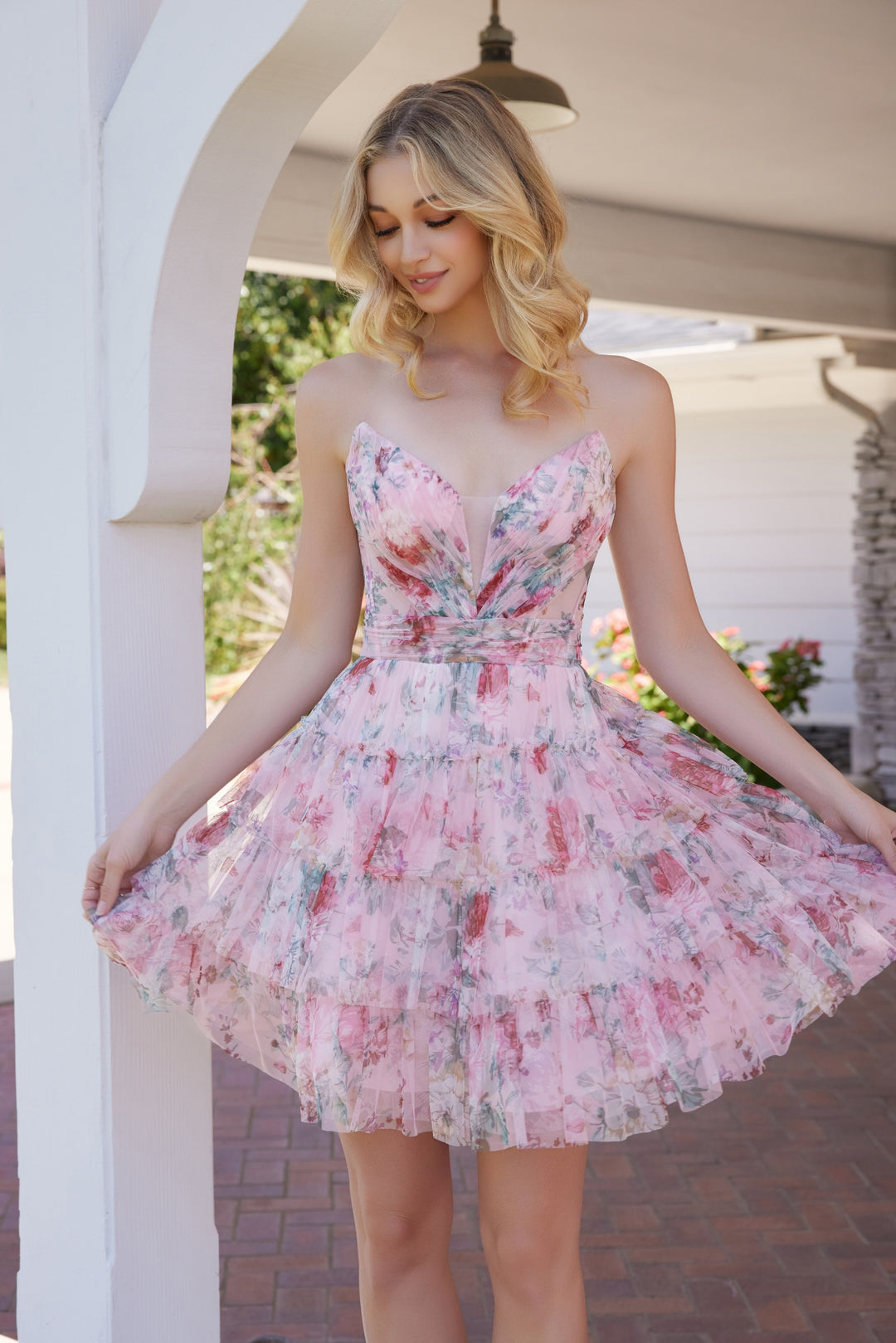 Print Short Strapless Tiered Dress by Nox Anabel M992