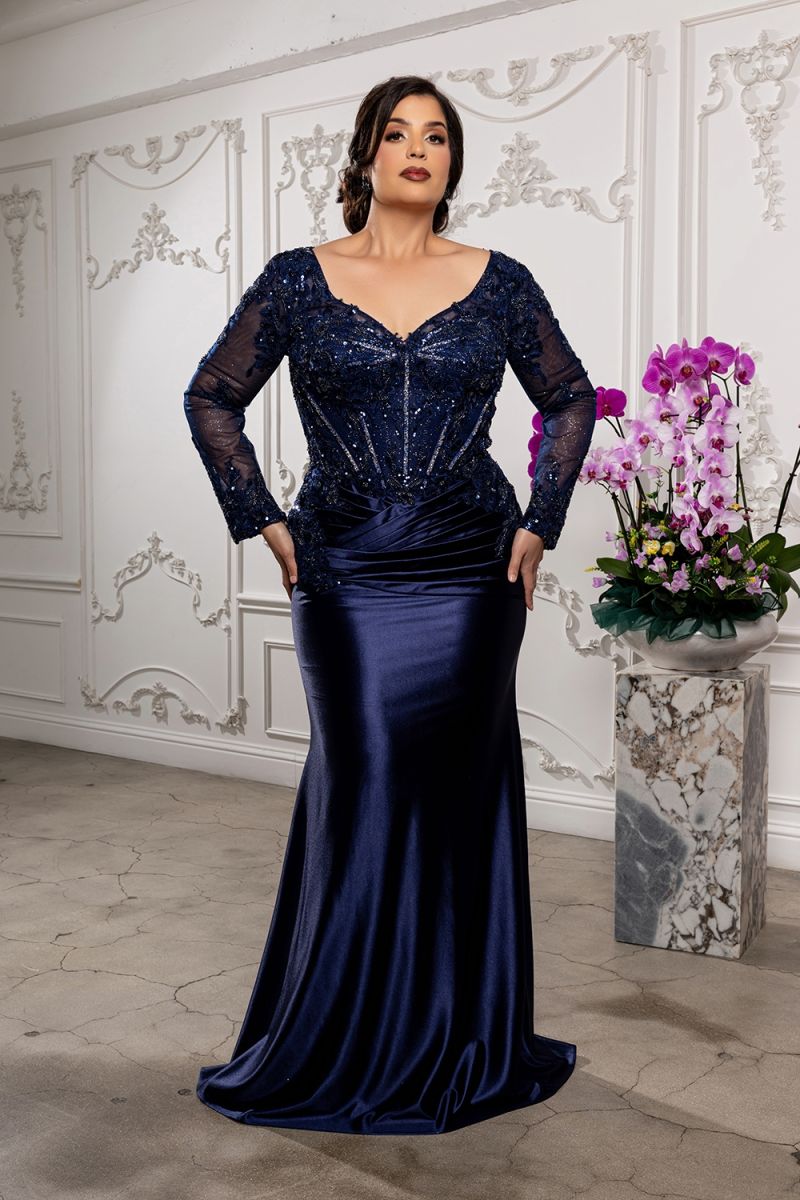 navy fitted dress with sleeves Fitted Long Sleeve Gown by May Queen MQ2204 5XL / Navy