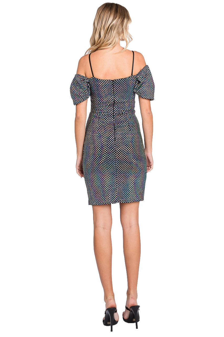 Metallic Fitted Short Puff Sleeve Dress by Lenovia 3074