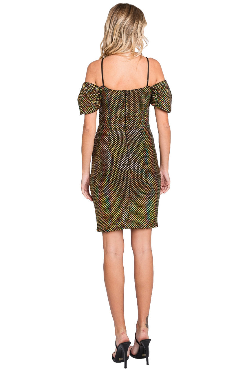 Metallic Fitted Short Puff Sleeve Dress by Lenovia 3074