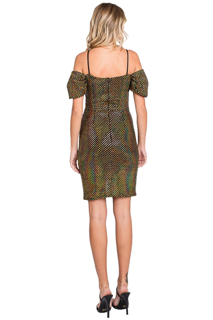Metallic Fitted Short Puff Sleeve Dress by Lenovia 3074