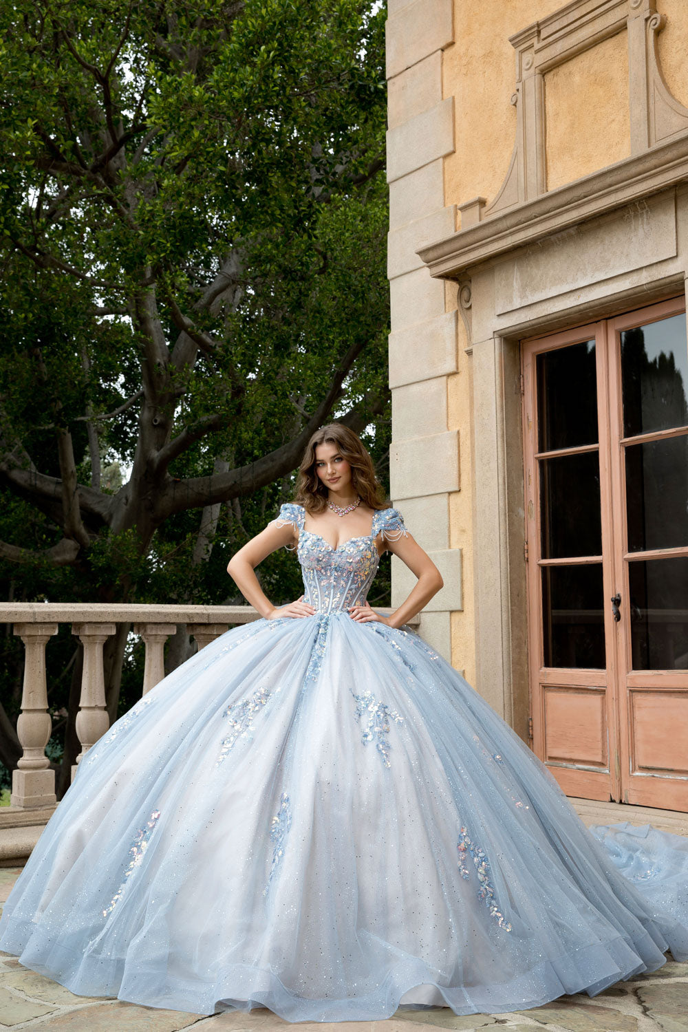 Strapless Cap Sleeve Ball Gown by Petite Adele PQ1094 M / Slate Blue/Champagne Strapless Cap Sleeve Ball Gown by Petite Adele PQ1094 M / Slate Blue/Champagne