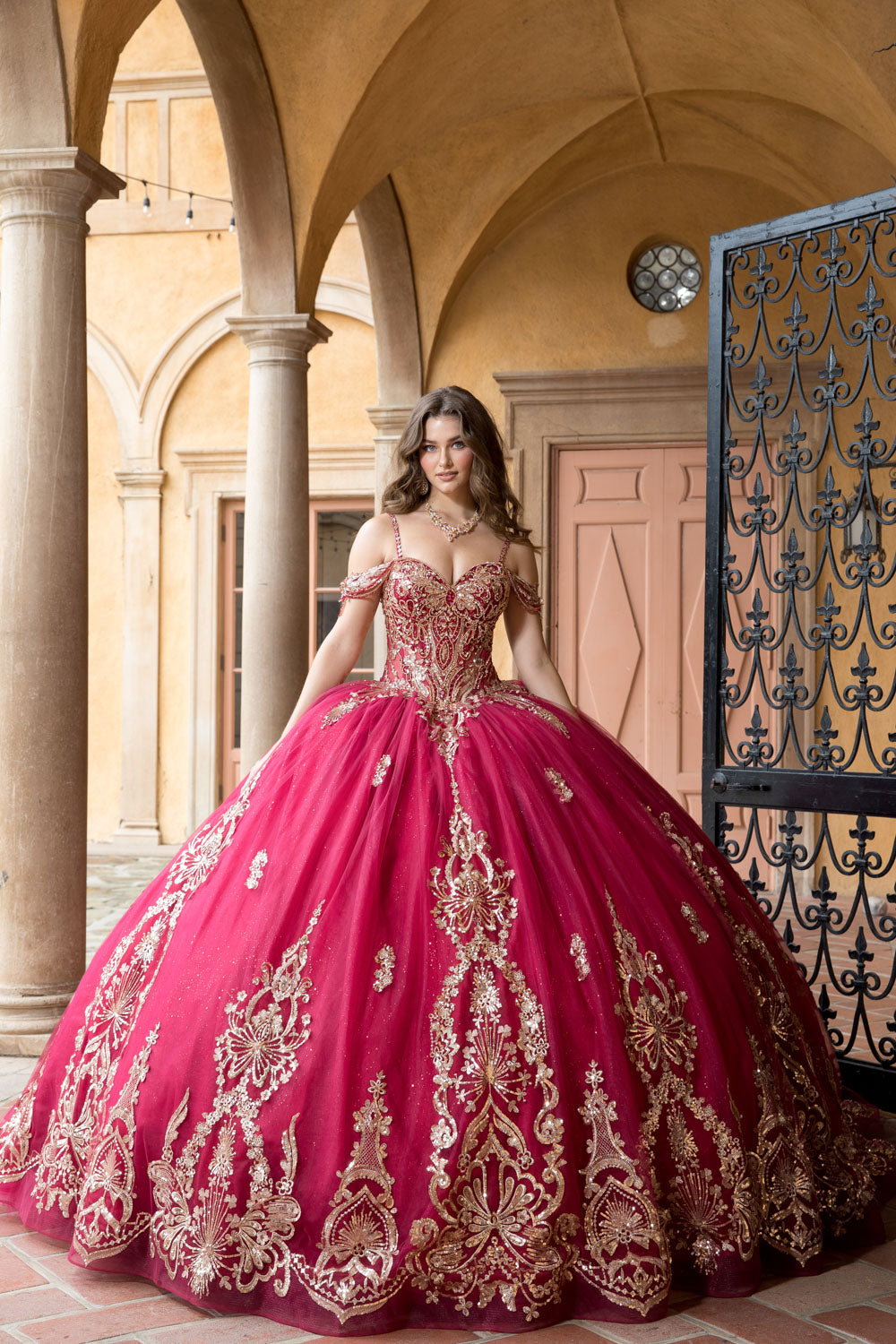 Beaded Off Shoulder Ball Gown by Petite Adele PQ1090 S / Dark Red/Gold Beaded Off Shoulder Ball Gown by Petite Adele PQ1090 S / Dark Red/Gold