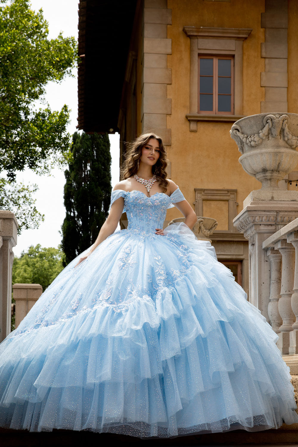 Off Shoulder Flounced Ball Gown by Petite Adele PQ1092 M / Blue Off Shoulder Flounced Ball Gown by Petite Adele PQ1092 M / Blue
