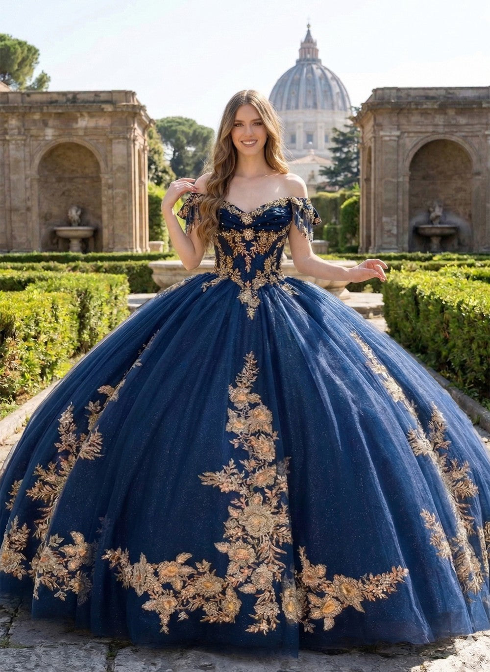 blue and gold princess dress Applique Off Shoulder Ball Gown by Bella PQ1108 Party dress